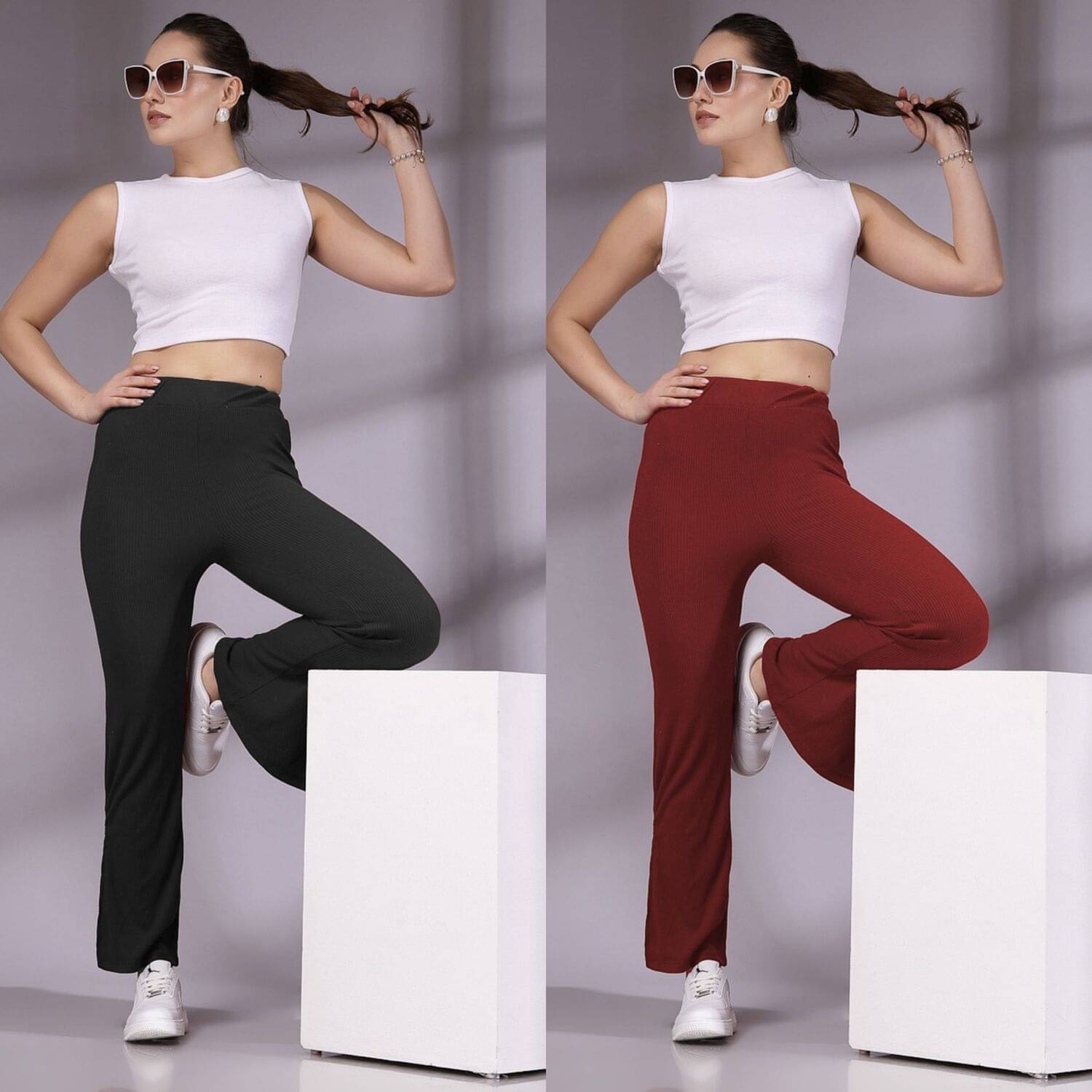     			Qyaas Pack of 2 Lycra Loose Women's Casual Pants ( Black,Maroon )