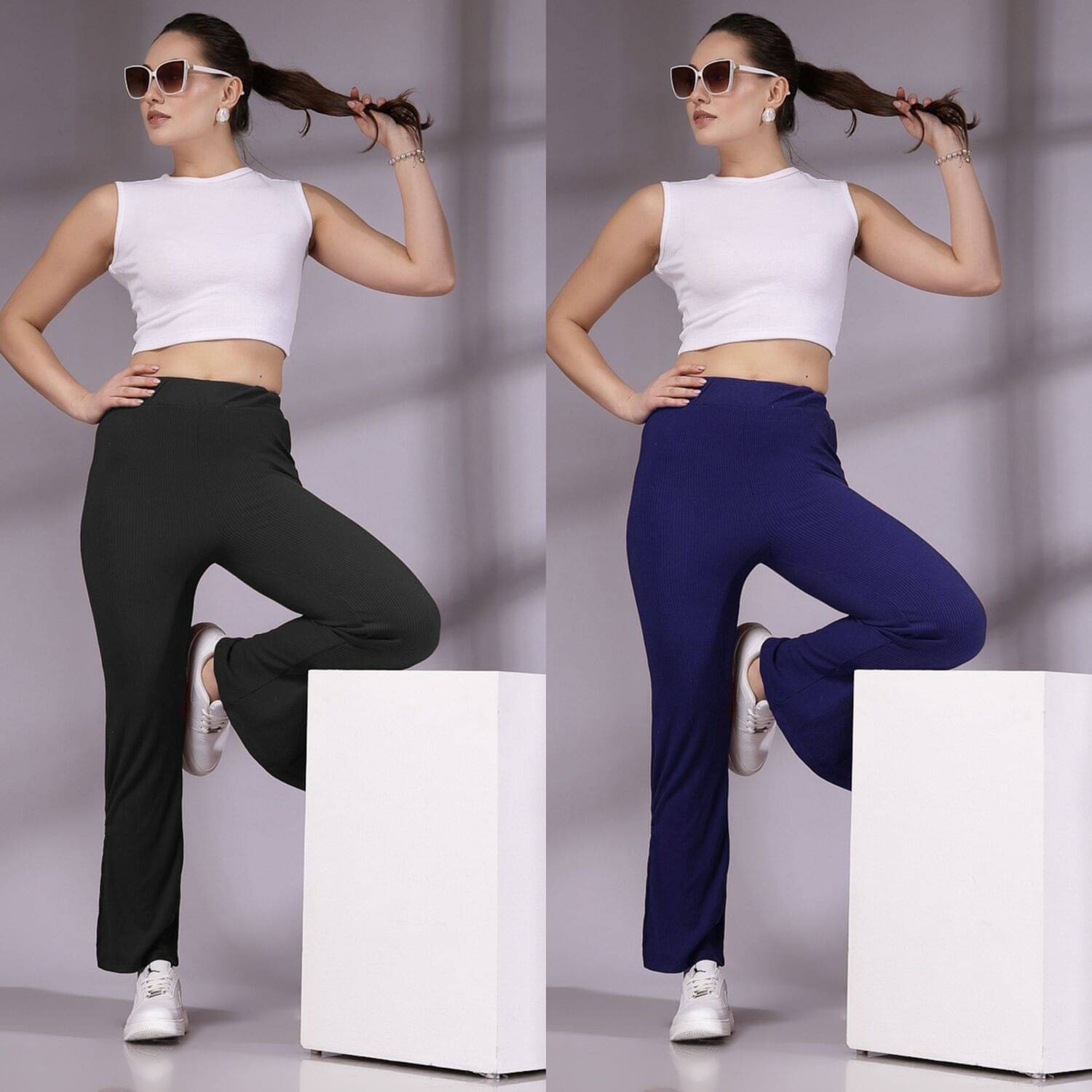     			Qyaas Pack of 2 Lycra Loose Women's Casual Pants ( Black,Navy Blue )