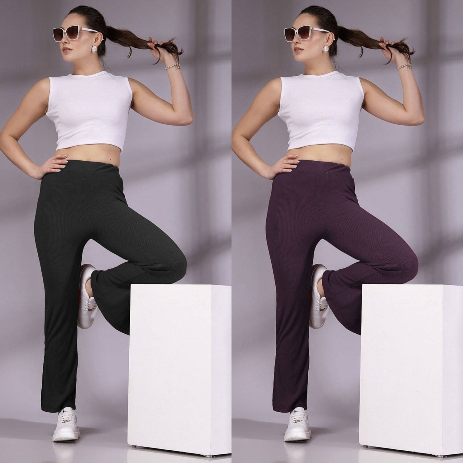     			Qyaas Pack of 2 Lycra Loose Women's Casual Pants ( Black,Wine )