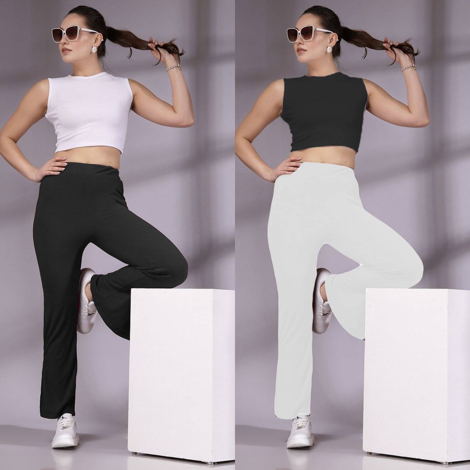     			Qyaas Pack of 2 Lycra Loose Women's Casual Pants ( Black,White )