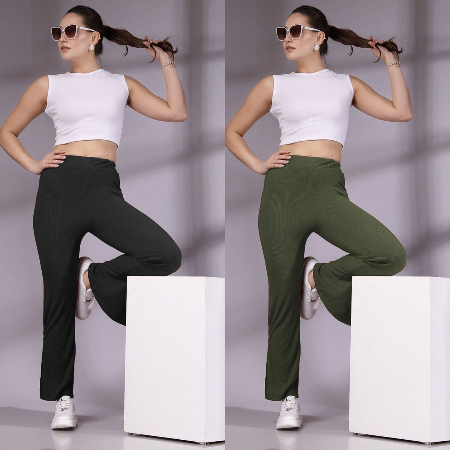     			Qyaas Pack of 2 Lycra Loose Women's Casual Pants ( Black,Olive )