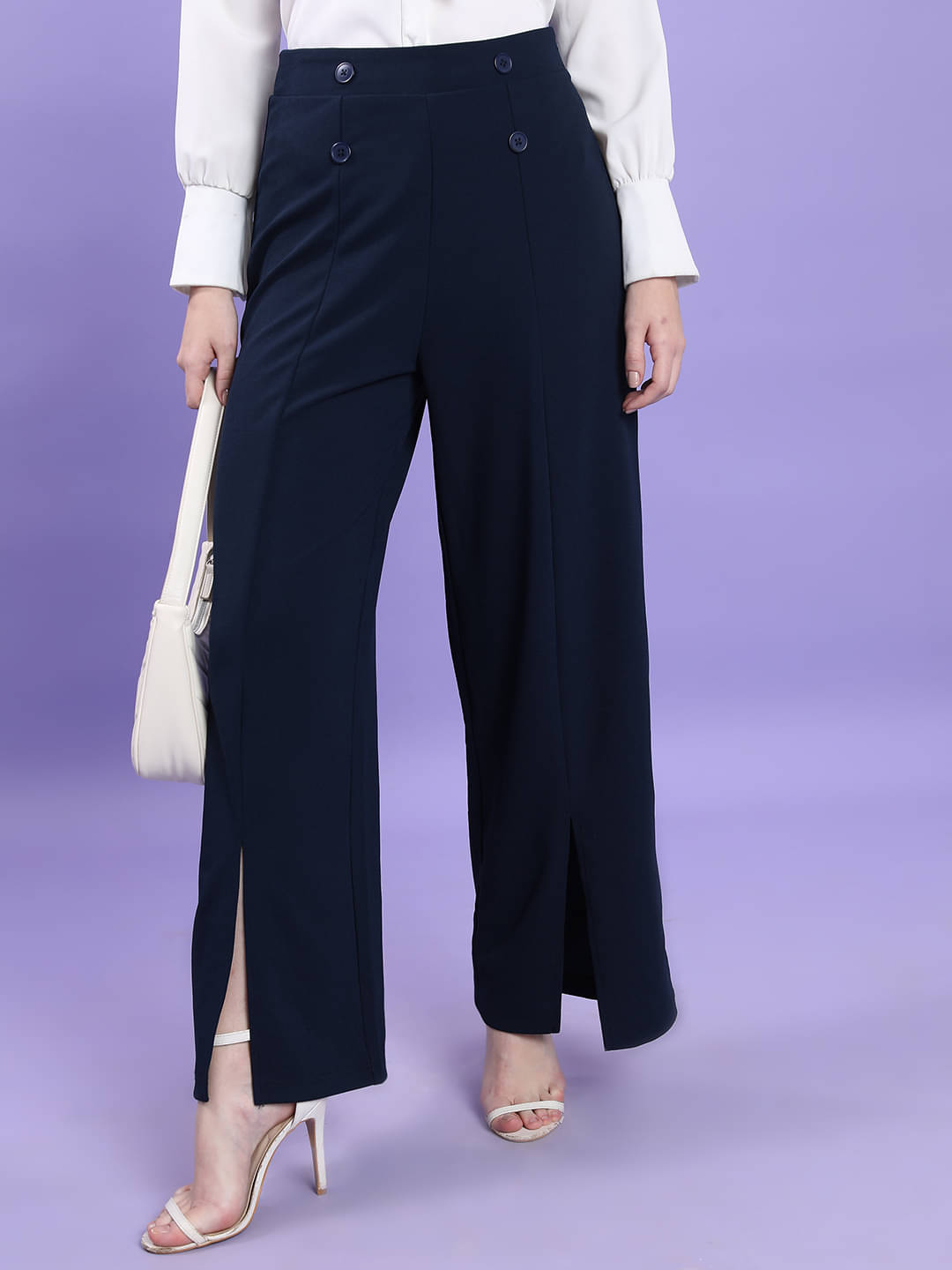     			Tokyo Talkies Pack of 1 Polyester Flared Women's Casual Pants ( Navy )