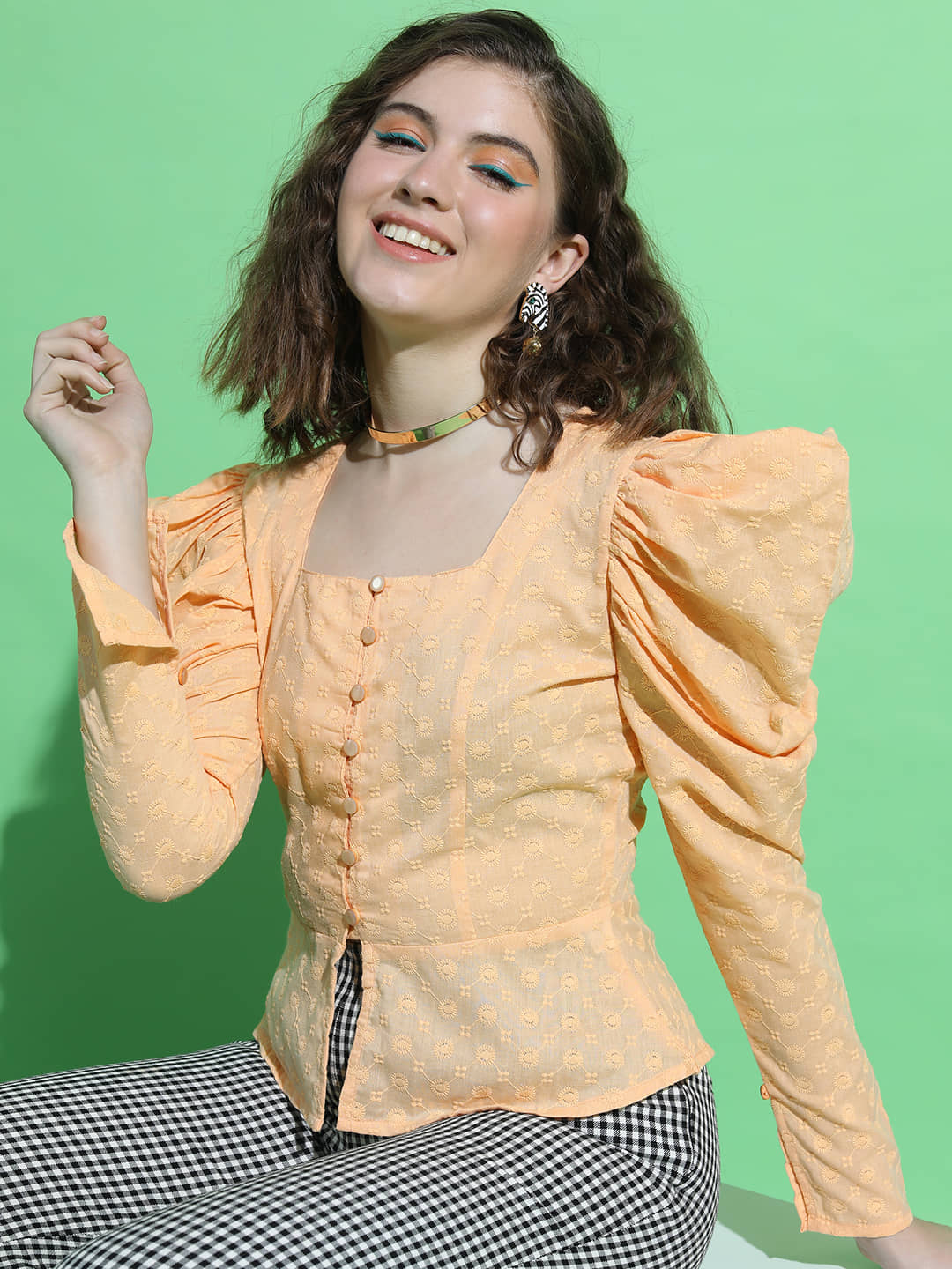 Tokyo Talkies Women's Cotton Blend Peplum Top ( Orange )