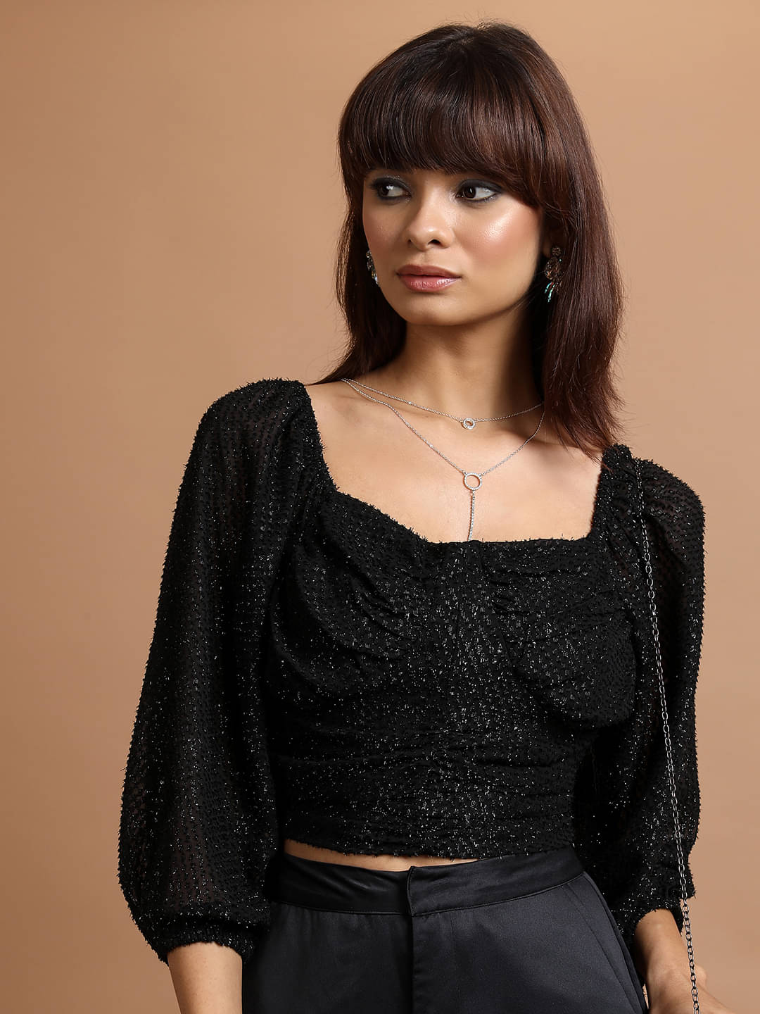 Tokyo Talkies Women's Polyester Crop Top ( Black )     			Tokyo Talkies Women's Polyester Crop Top ( Black )