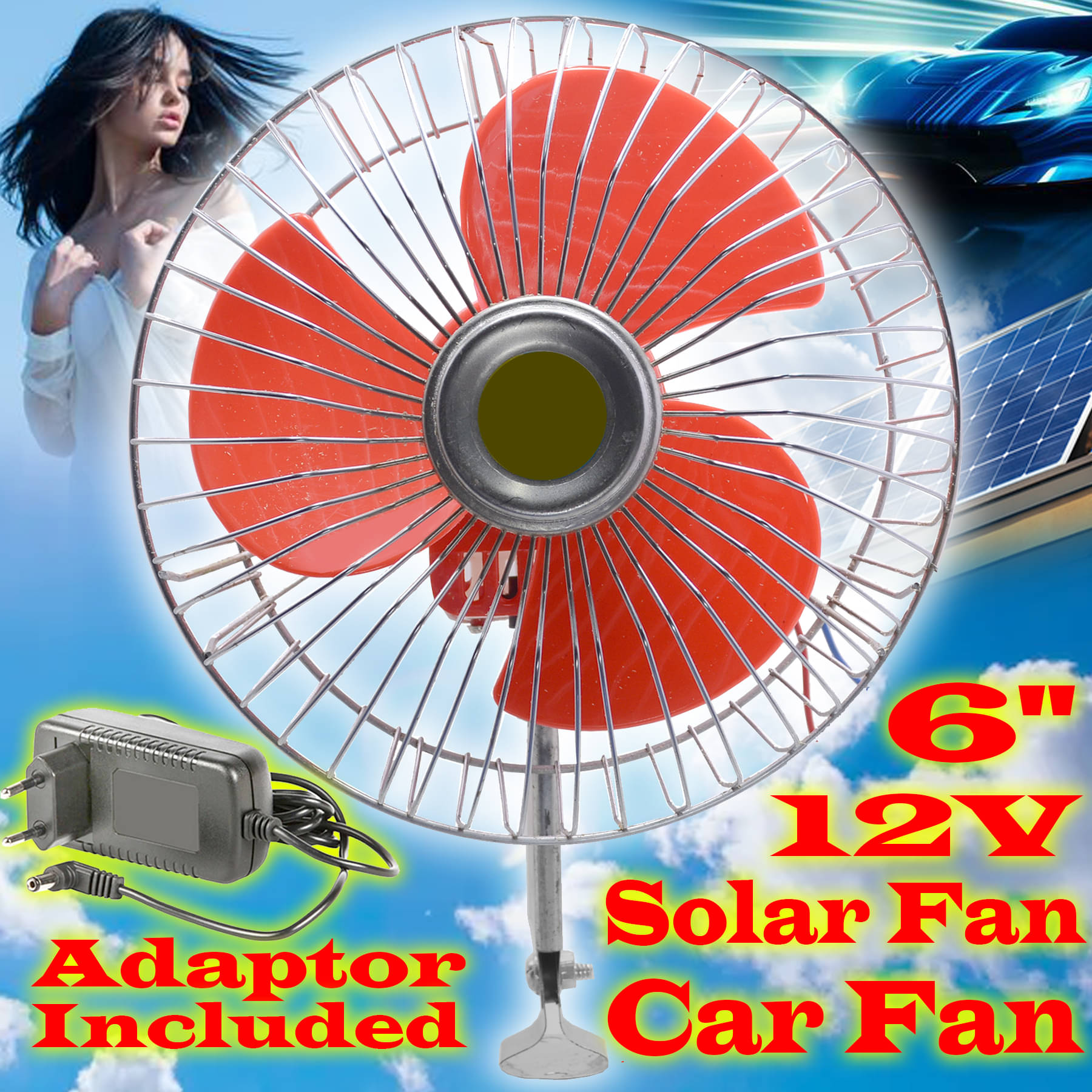     			6 Inch Corded 12V Solar/Car/Table fan with Adapter