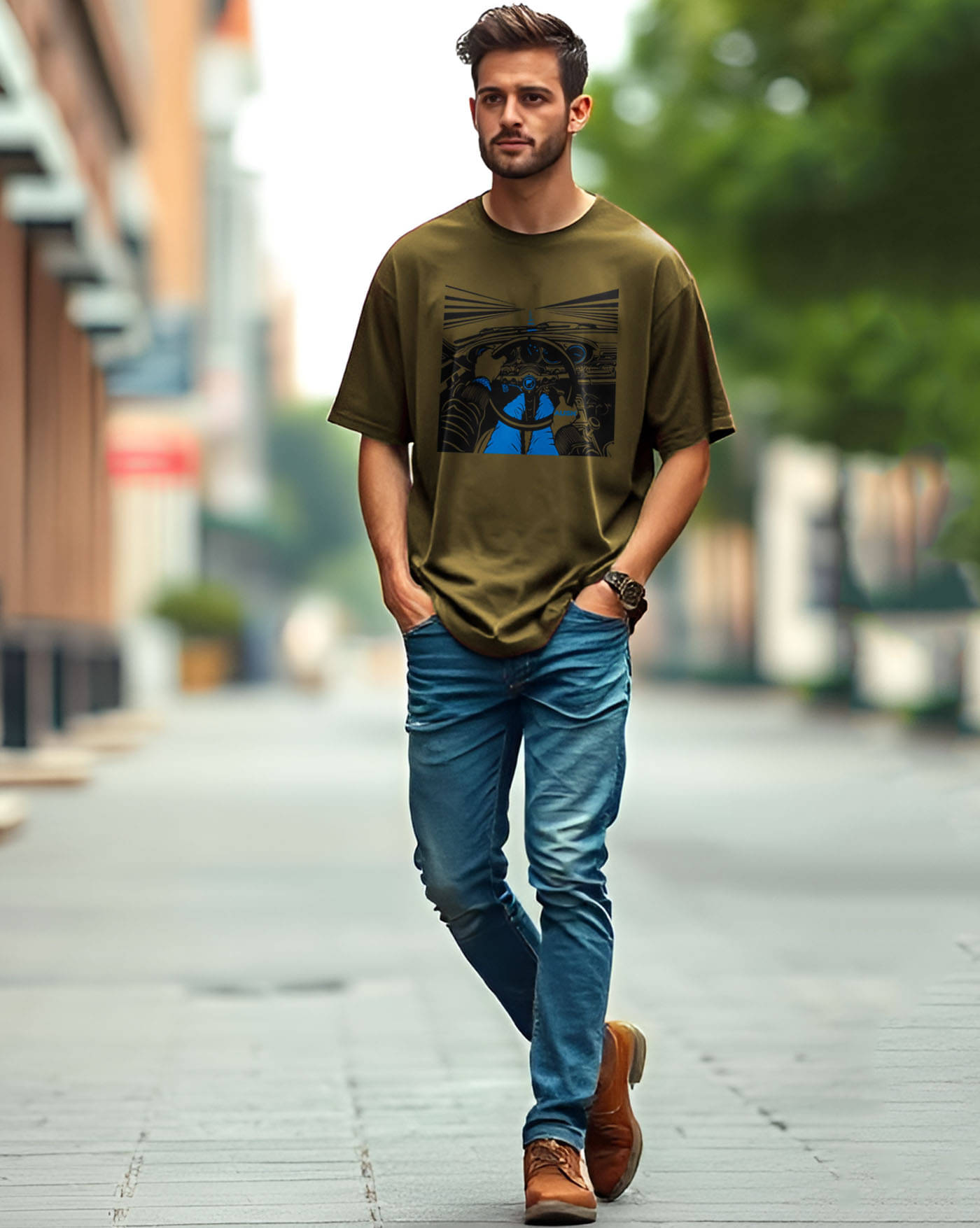 AUSK Men Cotton Blend Oversized Fit Printed T-Shirt ( Green )     			AUSK Men Cotton Blend Oversized Fit Printed T-Shirt ( Green )