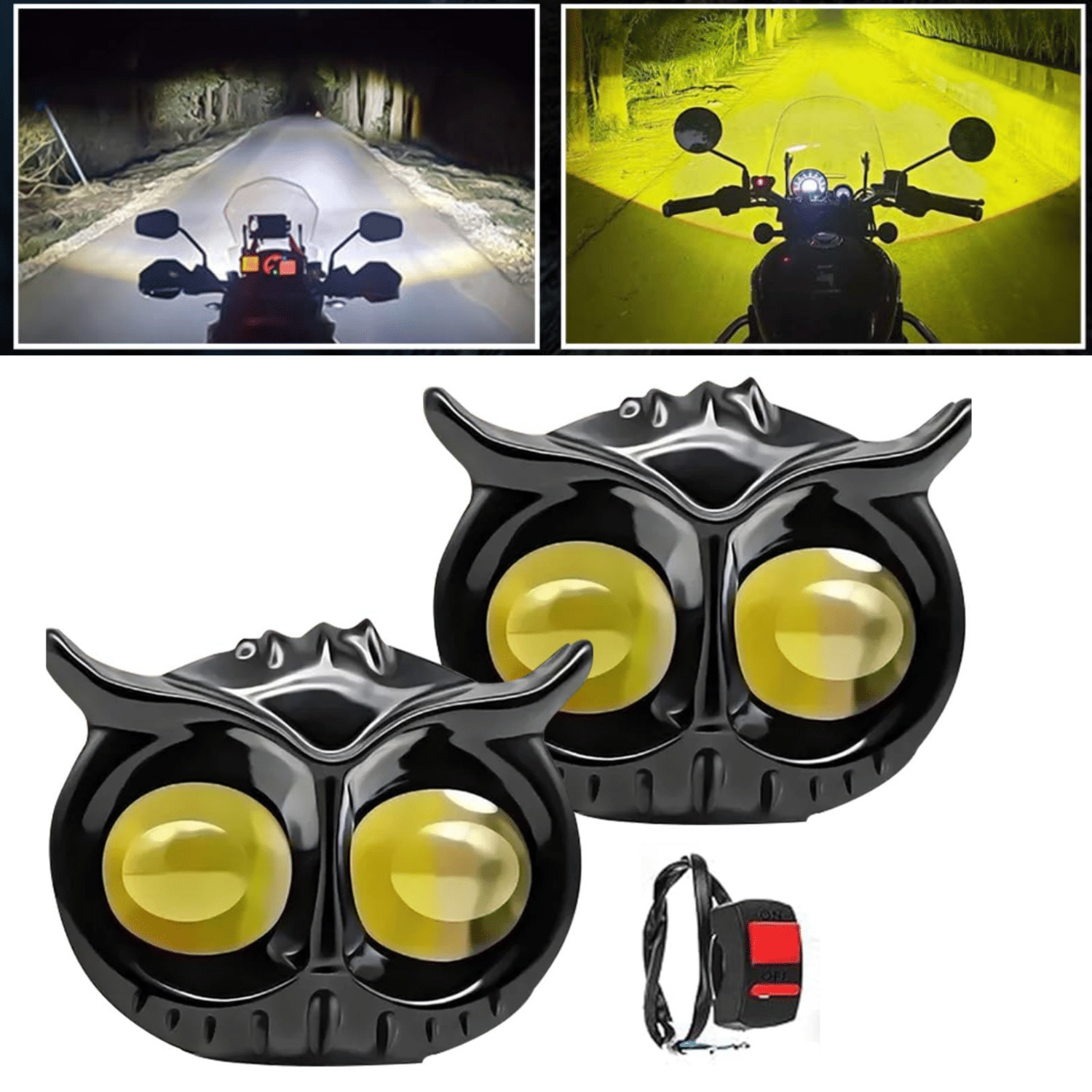 Aksmit Mini Driving OWL LED Light (Set of 2, Switch) Projector Fog Light with White/Yellow + Flasher Light, 4 Modes for Bikes and Scooty