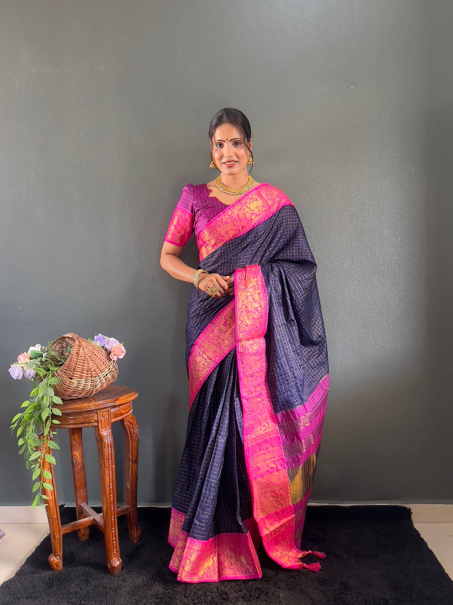 Apnisha Jacquard Embellished Saree With Unstitched Blouse Piece ( Navy Blue ) Apnisha Jacquard Embellished Saree With Unstitched Blouse Piece ( Navy Blue )