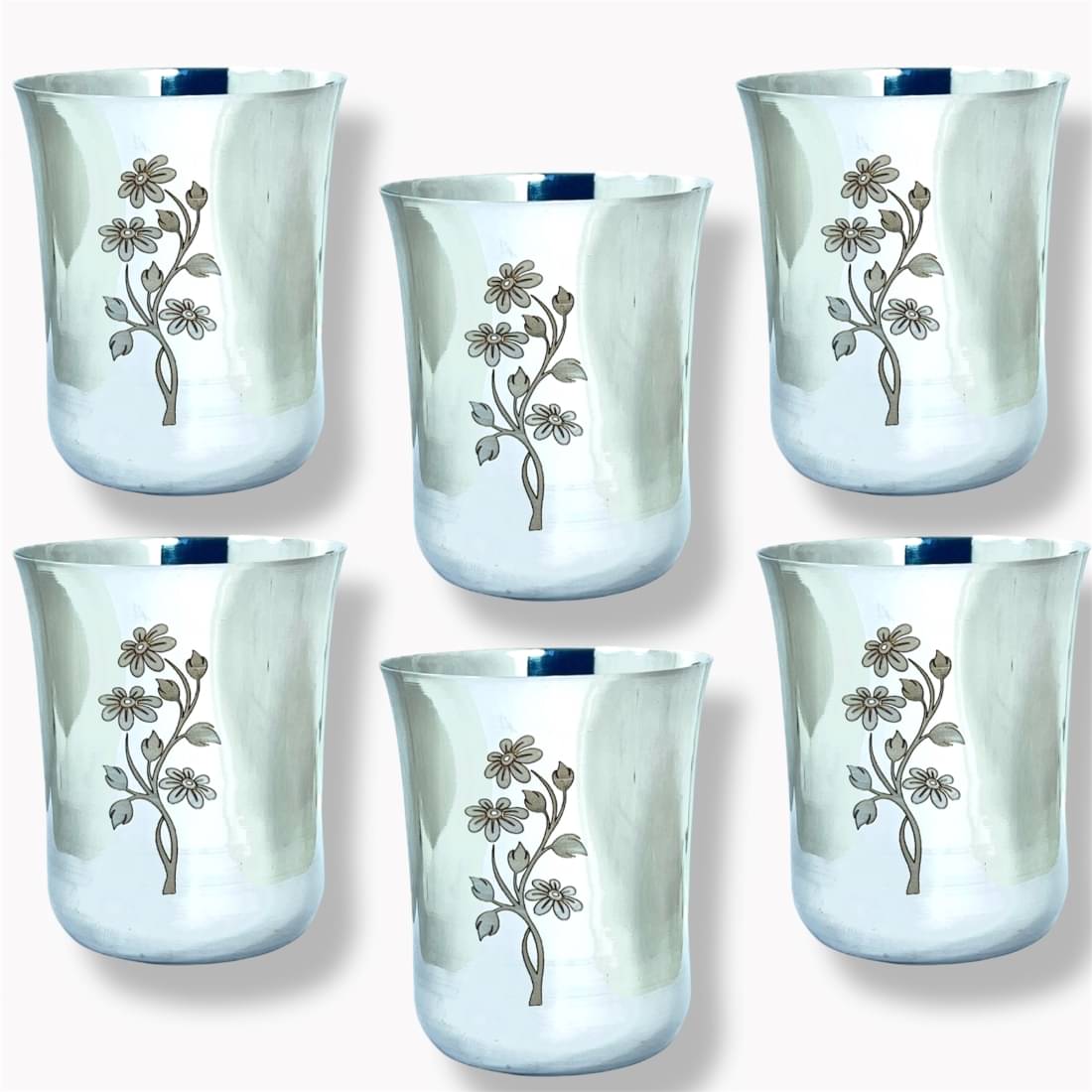     			Artha Steel Glass Set Of 6 Steel Laser Printed Water Glass 400 ml ( Pack of 6 ) Silver