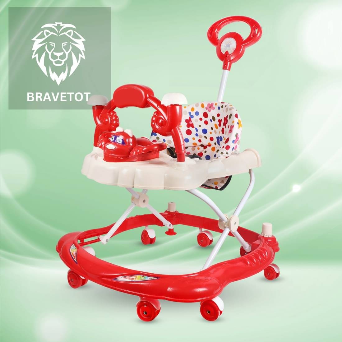     			BRAVETOT Baby Walker with Parent Push Handle, Musical Toy Tray & Adjustable Height | Foldable Activity Walker with Cushioned Seat (6–18 Months, Red Multicolor)