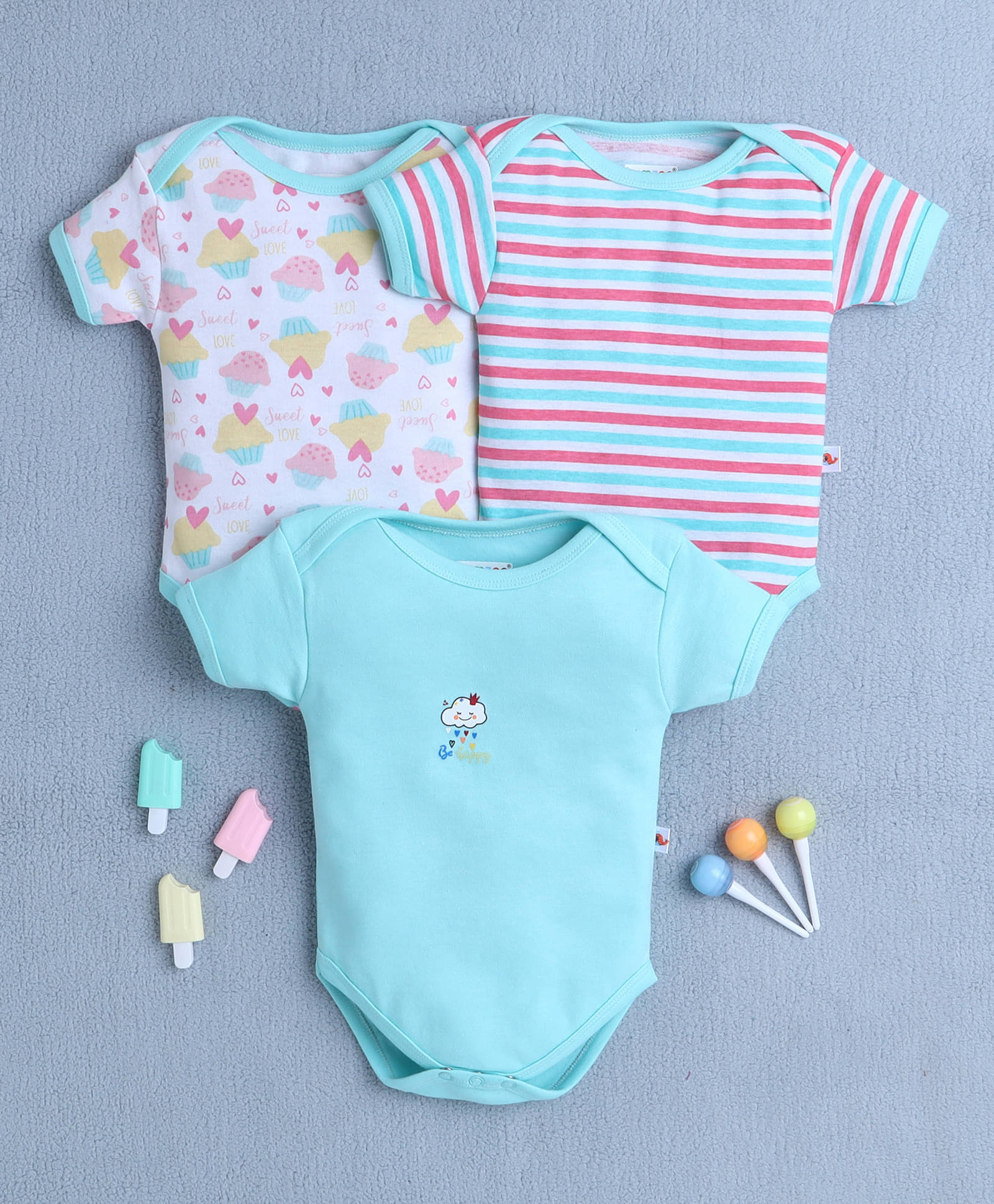 BUMZEE Pack of 3 Baby Girls Cotton Bodysuit ( Mint )     			BUMZEE Pack of 3 Baby Girls Cotton Bodysuit ( Mint )