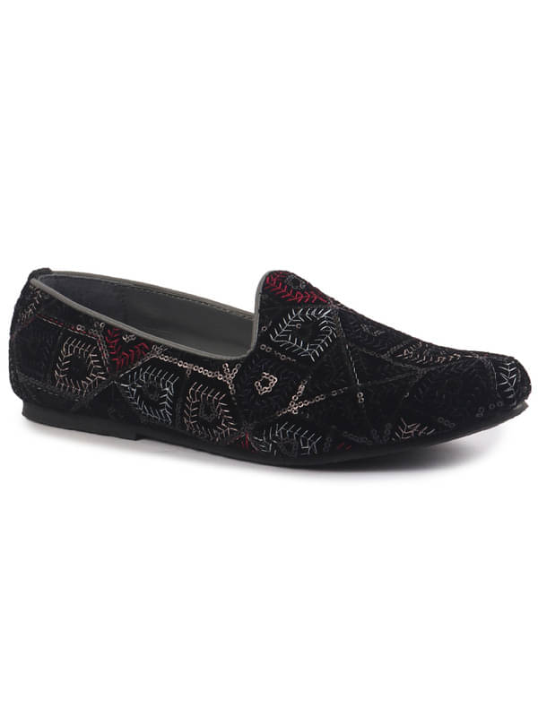 FAUSTO Black Silk Zardosi Sequin Velvet Ethnic Slip On Juttis and Mojaris for Wedding|Traditional Sherwani Shoes|Tuxedo Slip-On Shoes FAUSTO Black Silk Zardosi Sequin Velvet Ethnic Slip On Juttis and Mojaris for Wedding|Traditional Sherwani Shoes|Tuxedo Slip-On Shoes