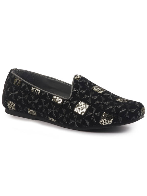 FAUSTO Black Silk Zardosi Sequin Velvet Ethnic Slip On Juttis and Mojaris for Festive|Traditional Sherwani Shoes for Wedding|Cocktail Slip On Shoes FAUSTO Black Silk Zardosi Sequin Velvet Ethnic Slip On Juttis and Mojaris for Festive|Traditional Sherwani Shoes for Wedding|Cocktail Slip On Shoes