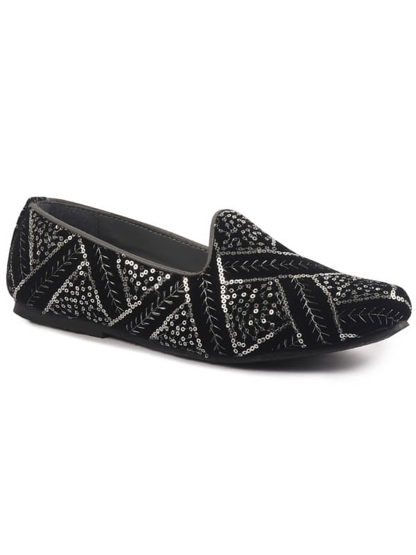     			FAUSTO Black Silk Zardosi Sequin Velvet Ethnic Slip On Juttis and Mojaris for Wedding|Indian Traditional Sherwani Shoes|Groom Slip On Shoes
