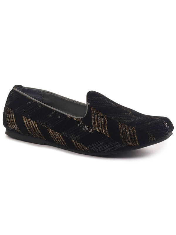     			FAUSTO Black Silk Zardosi Sequin Velvet Ethnic Slip On Juttis and Mojaris for Wedding|Traditional Sherwani Shoes|Prom Slip-On Tuxedo Shoes