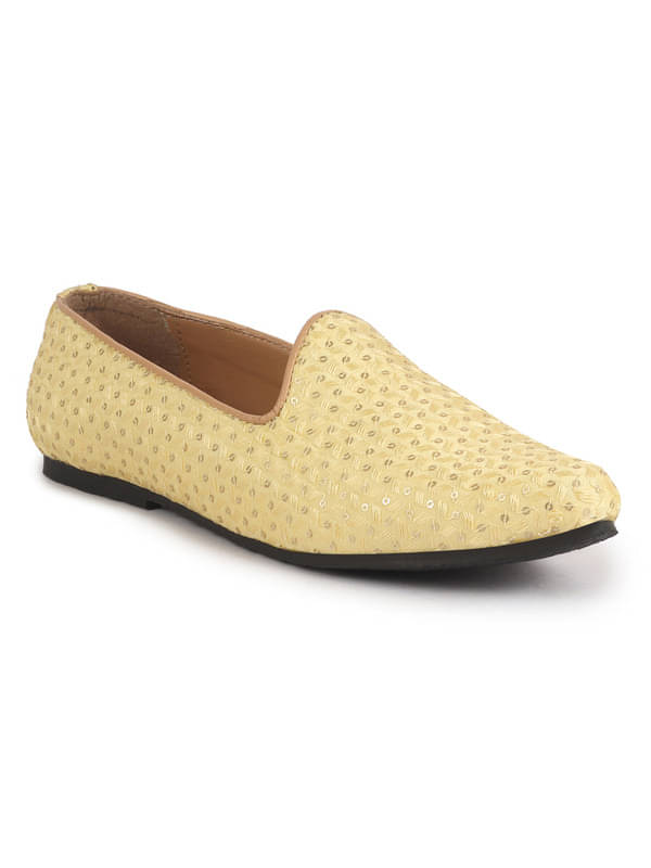     			FAUSTO FAUSTO Yellow Embroidery Sequin Ethnic Slip On Juttis and Mojaris for Wedding|Traditional Sherwani Shoes|Party Slip-On Kurta Shoe