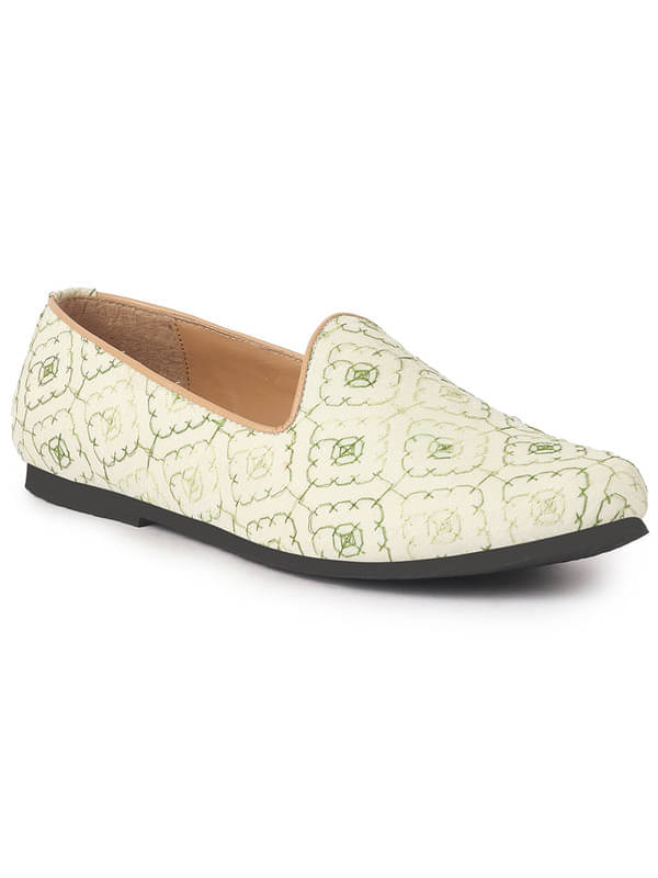     			FAUSTO White Green Embroidered Ethnic Slip On Juttis and Mojaris for Wedding|Traditional Sherwani Shoes|Haldi Slip-On Shoe