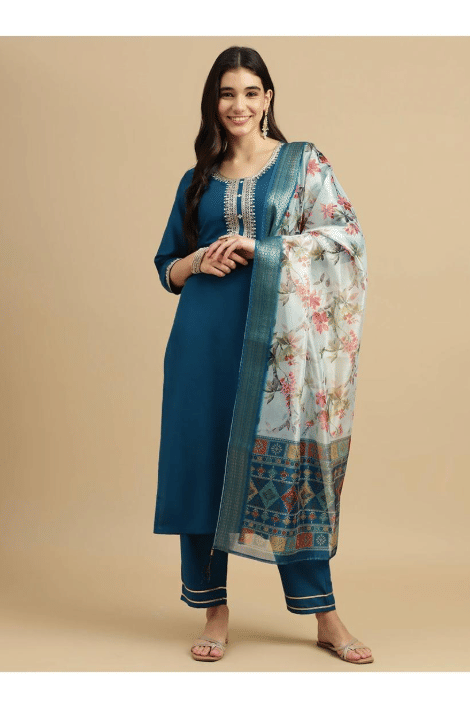     			HOG Women Cotton Blend Solid A-line Kurti with Dupatta ( Blue )
