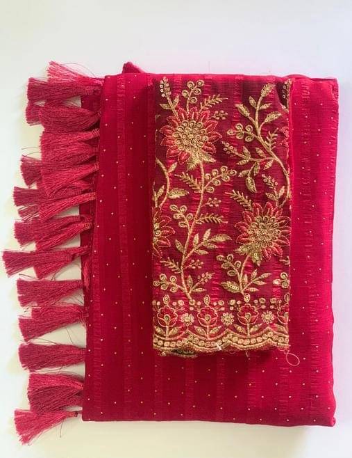     			HR Enterprise Georgette Embellished Saree With Unstitched Blouse Piece ( Red )