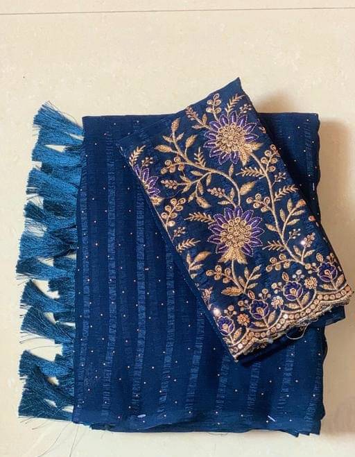     			HR Enterprise Georgette Embellished Saree With Unstitched Blouse Piece ( Blue )