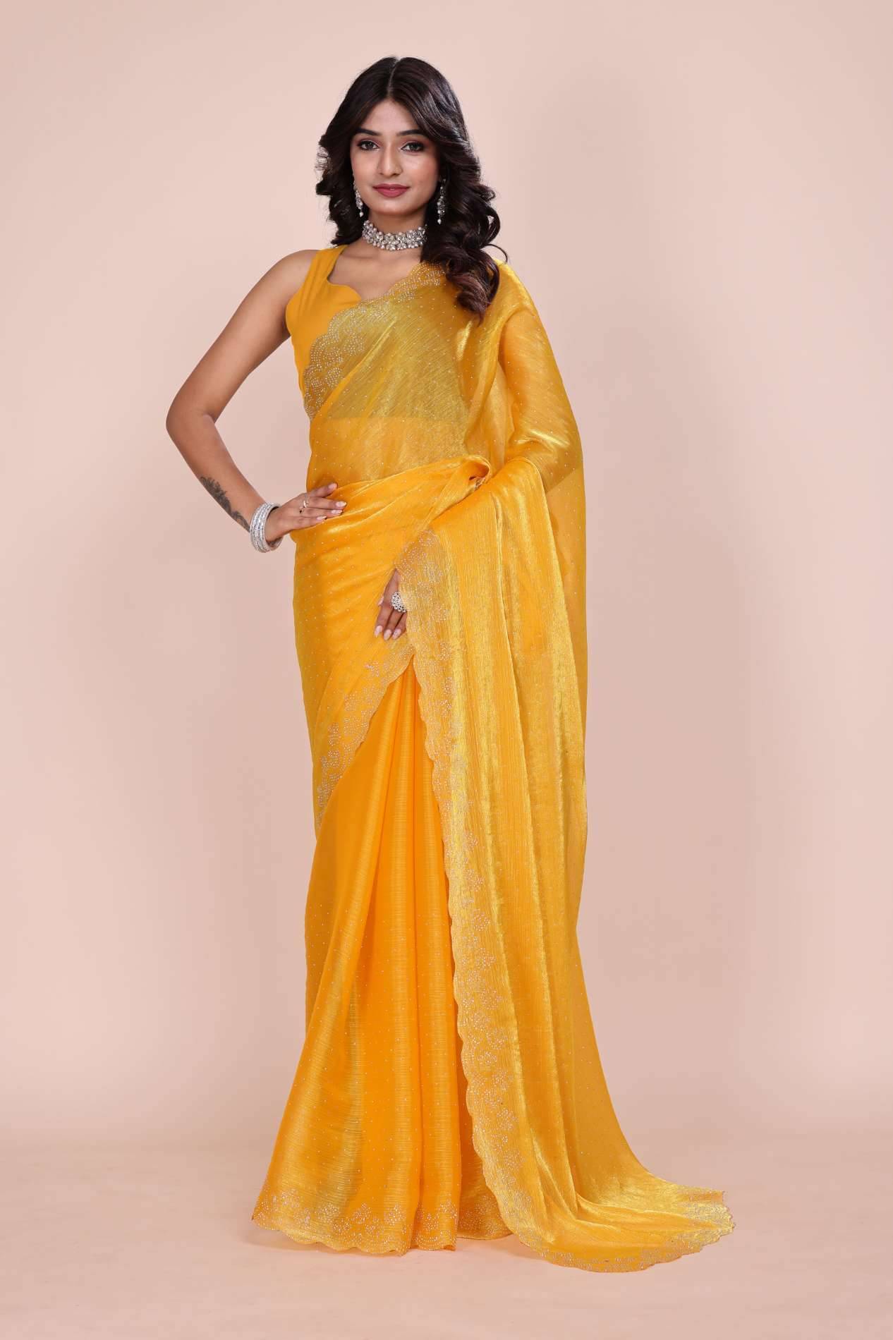     			Indian Fashionista Silk Embellished Saree With Unstitched Blouse Piece ( Mustard )