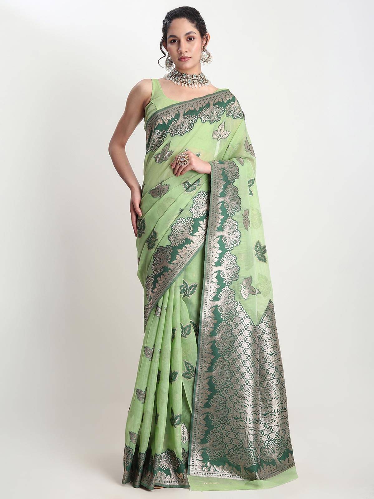 Janasya Linen Woven Saree With Unstitched Blouse Piece ( Light Green )     			Janasya Linen Woven Saree With Unstitched Blouse Piece ( Light Green )
