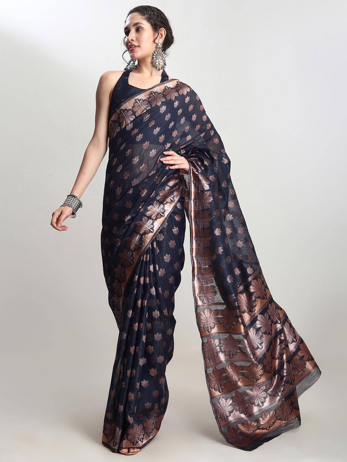     			Janasya Linen Woven Saree With Unstitched Blouse Piece ( Indigo )