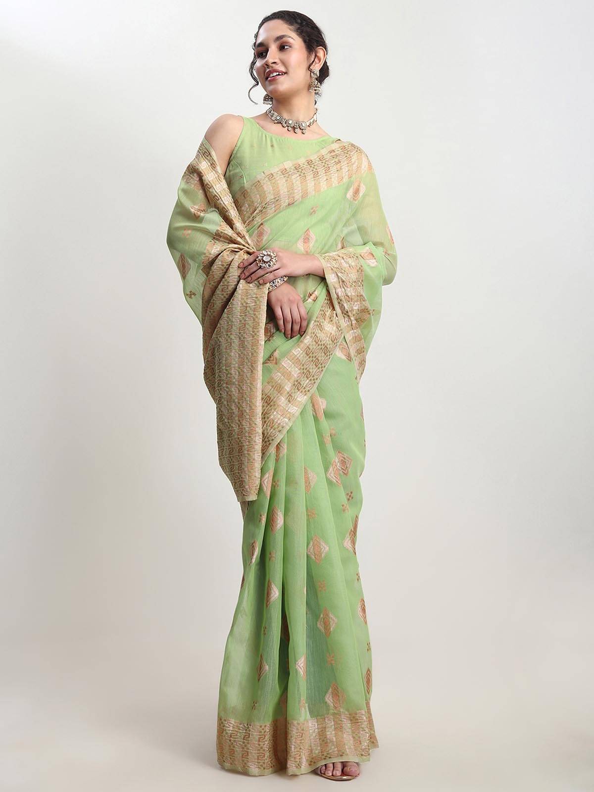 Janasya Linen Woven Saree With Unstitched Blouse Piece ( Green ) Janasya Linen Woven Saree With Unstitched Blouse Piece ( Green )