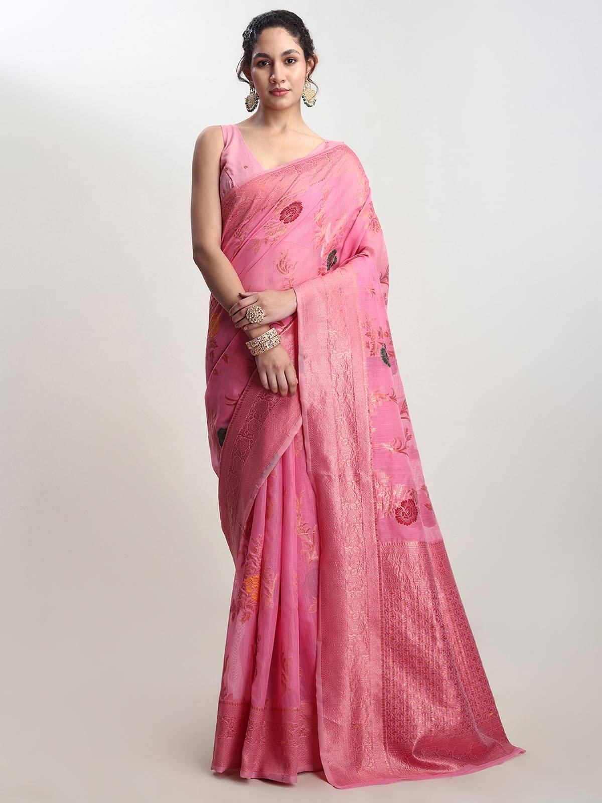 Janasya Linen Woven Saree With Unstitched Blouse Piece ( Pink ) Janasya Linen Woven Saree With Unstitched Blouse Piece ( Pink )