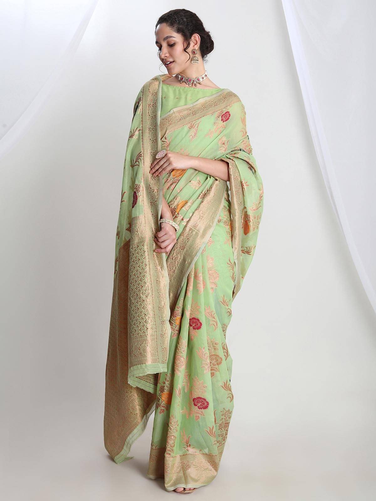 Janasya Linen Woven Saree With Unstitched Blouse Piece ( Light Green )     			Janasya Linen Woven Saree With Unstitched Blouse Piece ( Light Green )