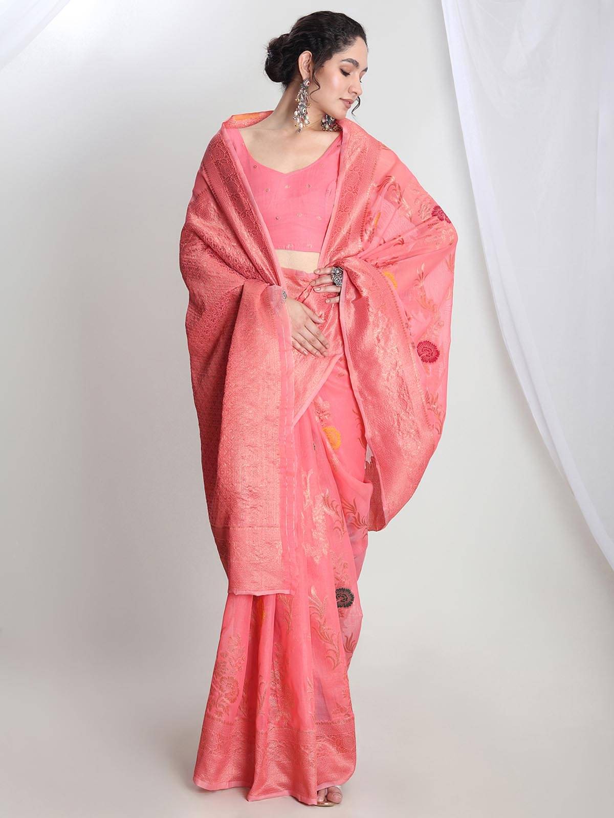 Janasya Linen Woven Saree With Unstitched Blouse Piece ( Peach ) Janasya Linen Woven Saree With Unstitched Blouse Piece ( Peach )