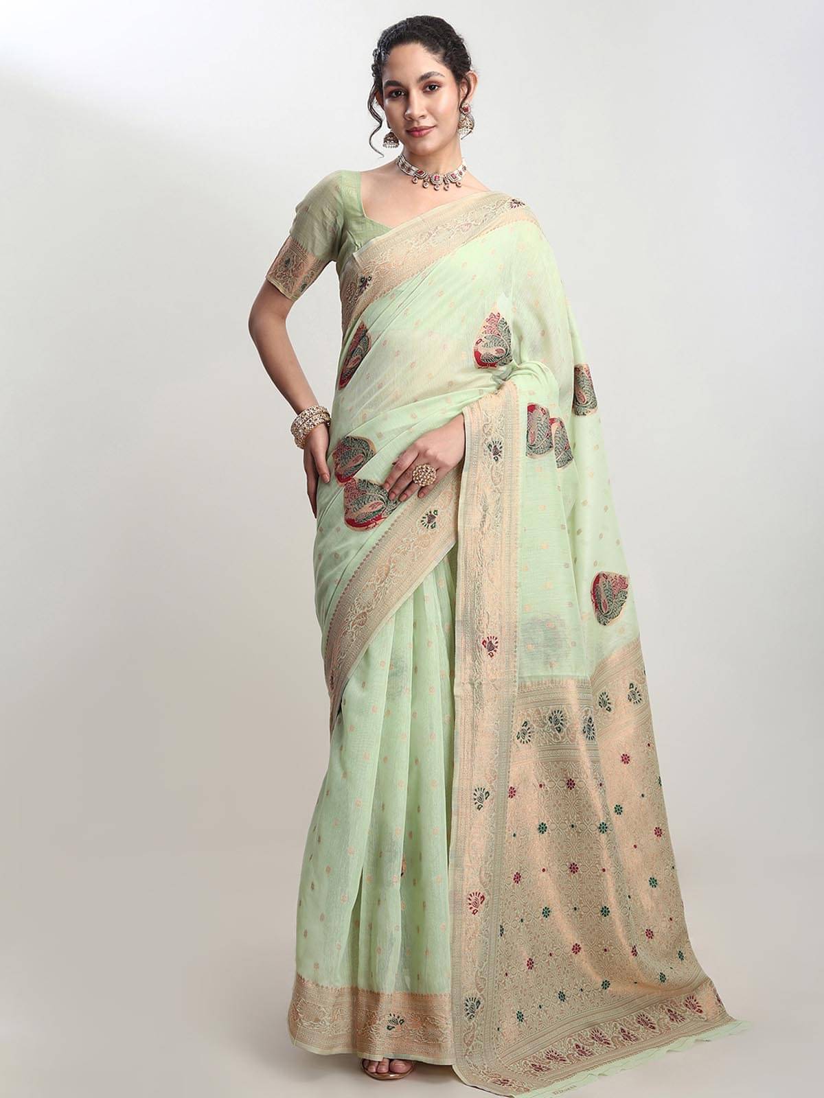 Janasya Linen Woven Saree With Unstitched Blouse Piece ( Light Green ) Janasya Linen Woven Saree With Unstitched Blouse Piece ( Light Green )