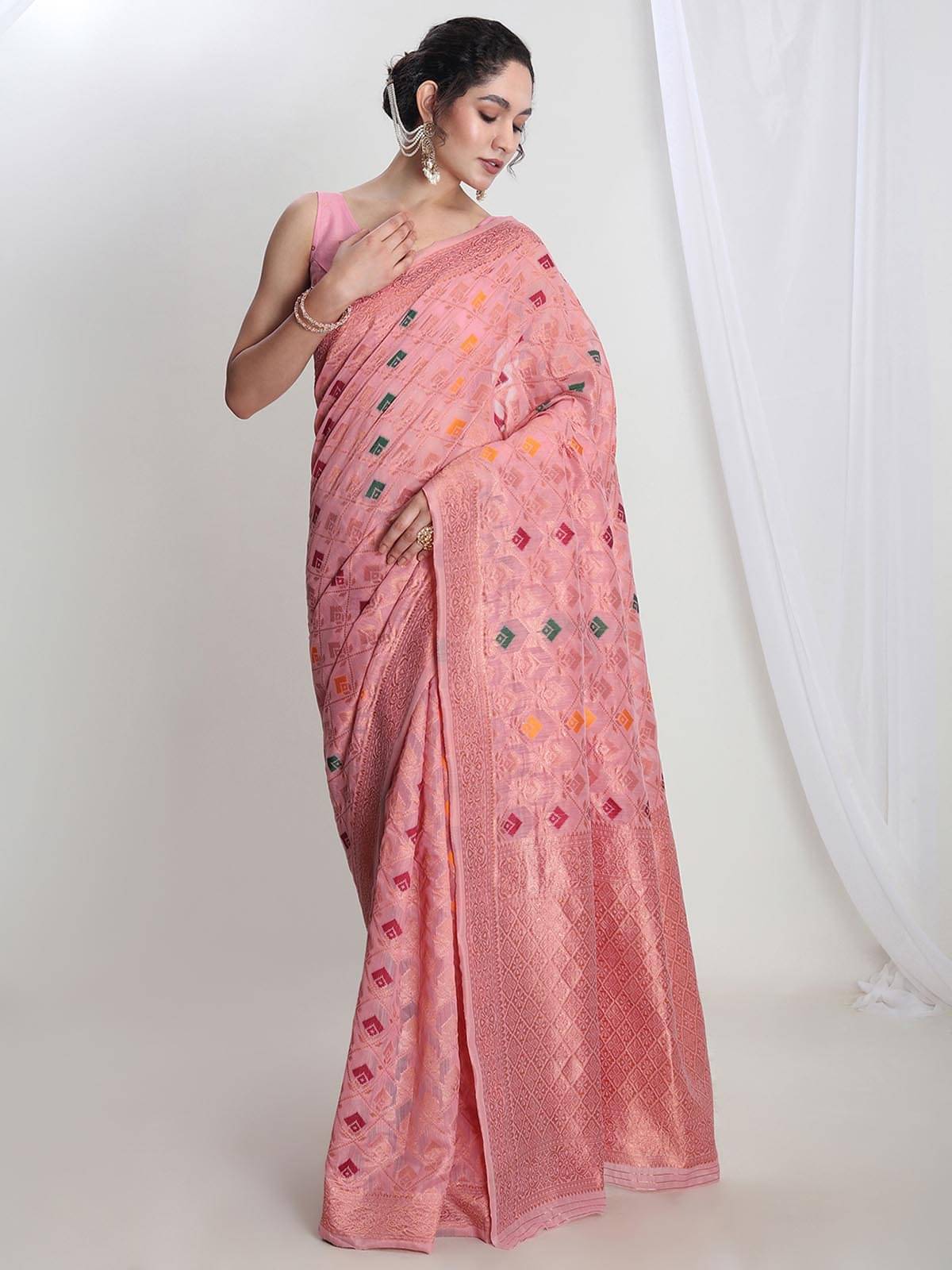 Janasya Linen Woven Saree With Unstitched Blouse Piece ( Pink ) Janasya Linen Woven Saree With Unstitched Blouse Piece ( Pink )