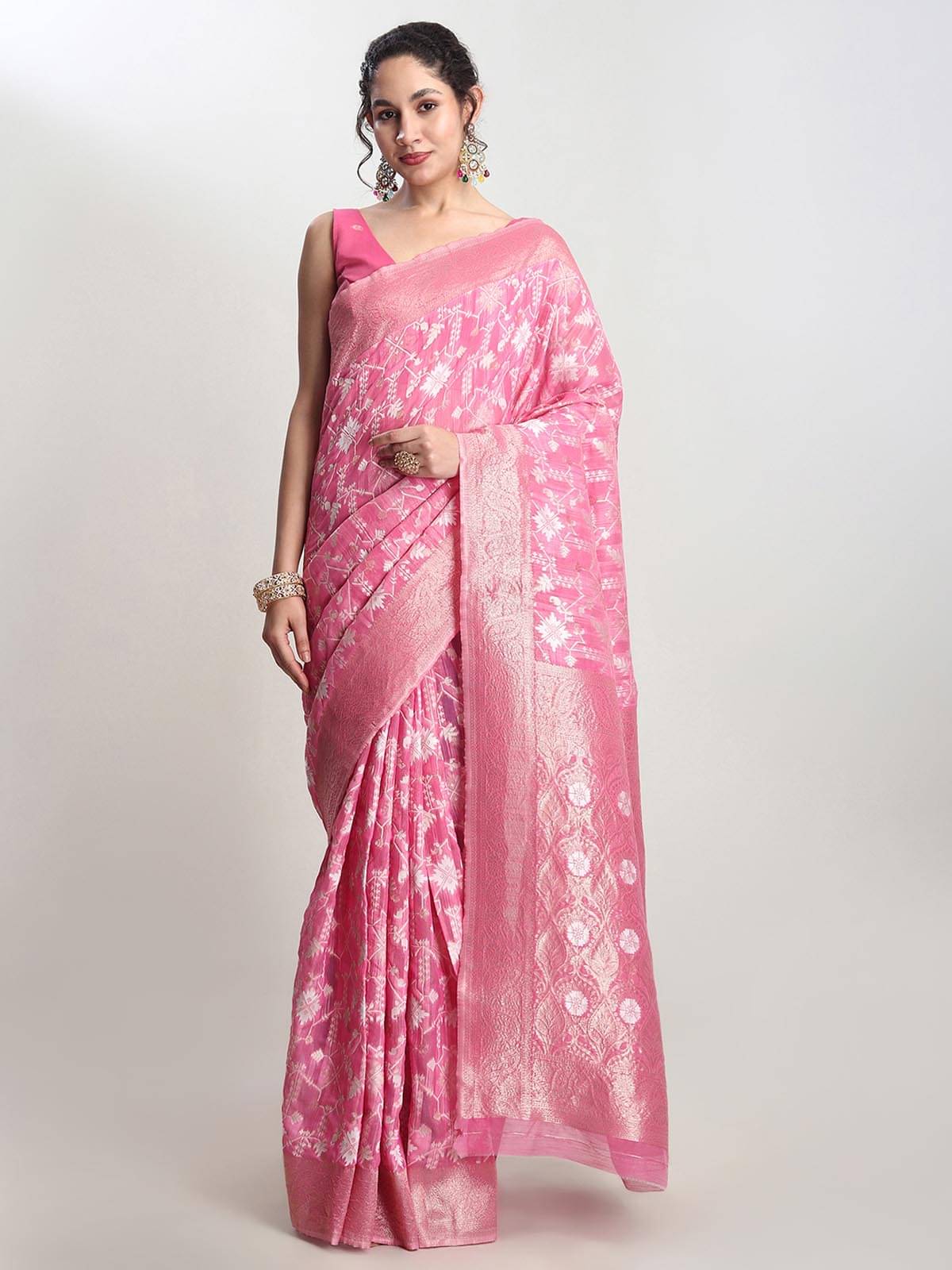 Janasya Linen Woven Saree With Unstitched Blouse Piece ( Pink )     			Janasya Linen Woven Saree With Unstitched Blouse Piece ( Pink )