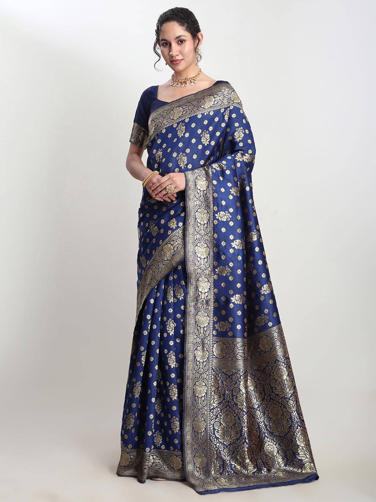 Janasya Silk Blend Woven Saree With Unstitched Blouse Piece ( Blue ) Janasya Silk Blend Woven Saree With Unstitched Blouse Piece ( Blue )