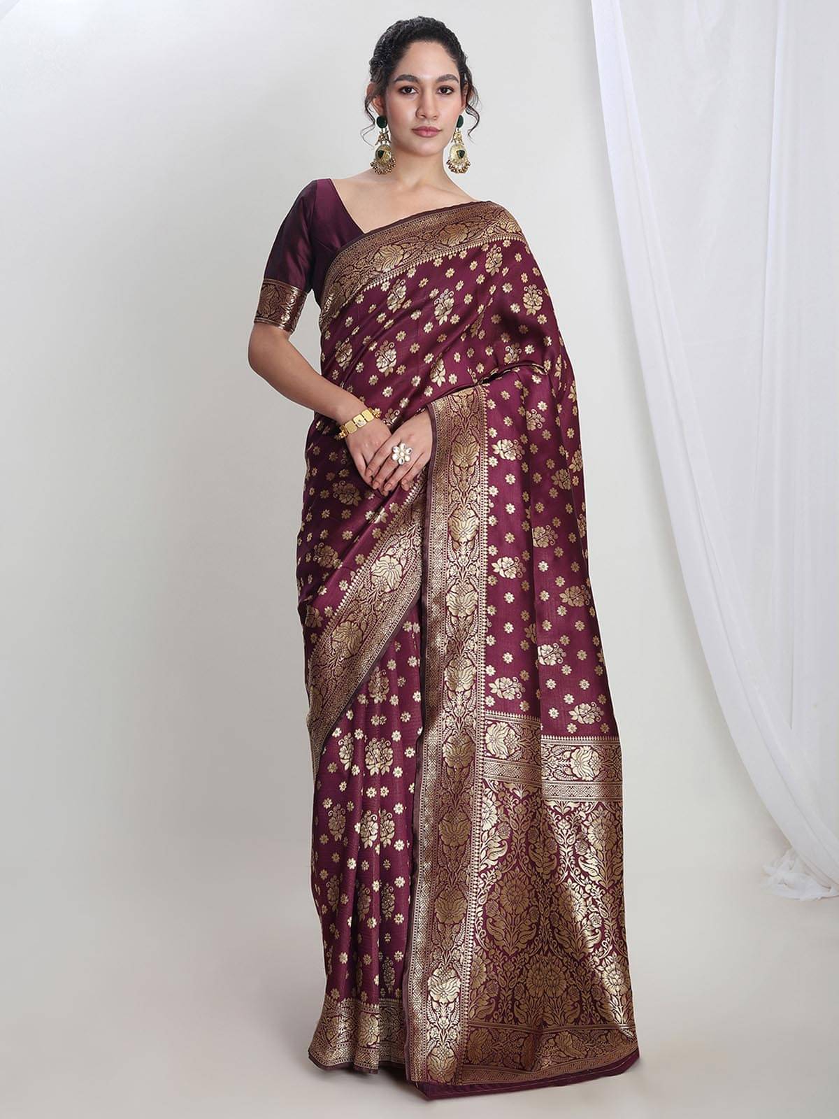     			Janasya Silk Blend Woven Saree With Unstitched Blouse Piece ( Purple )