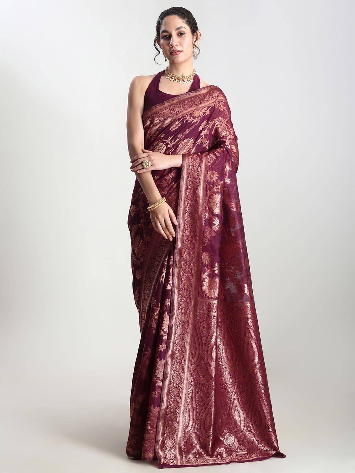 Janasya Silk Blend Woven Saree With Unstitched Blouse Piece ( Purple ) Janasya Silk Blend Woven Saree With Unstitched Blouse Piece ( Purple )