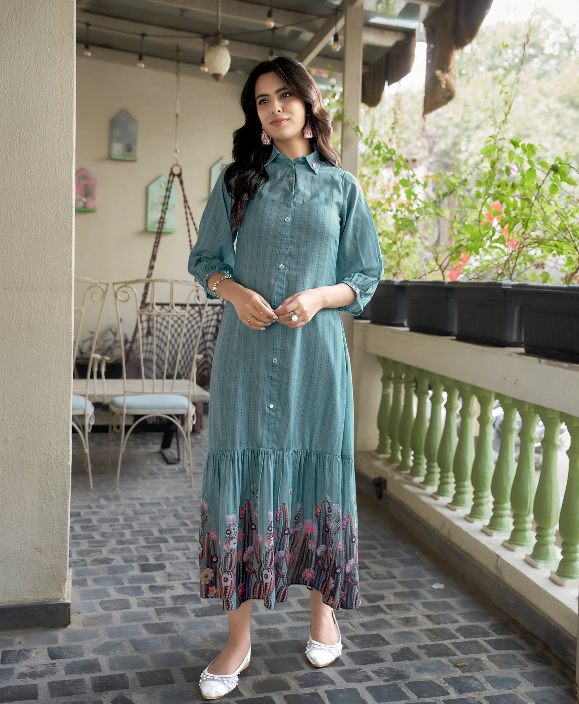 MOJILAA Women Cotton Blend Printed Fit & Flare Dress ( Blue )     			MOJILAA Women Cotton Blend Printed Fit & Flare Dress ( Blue )