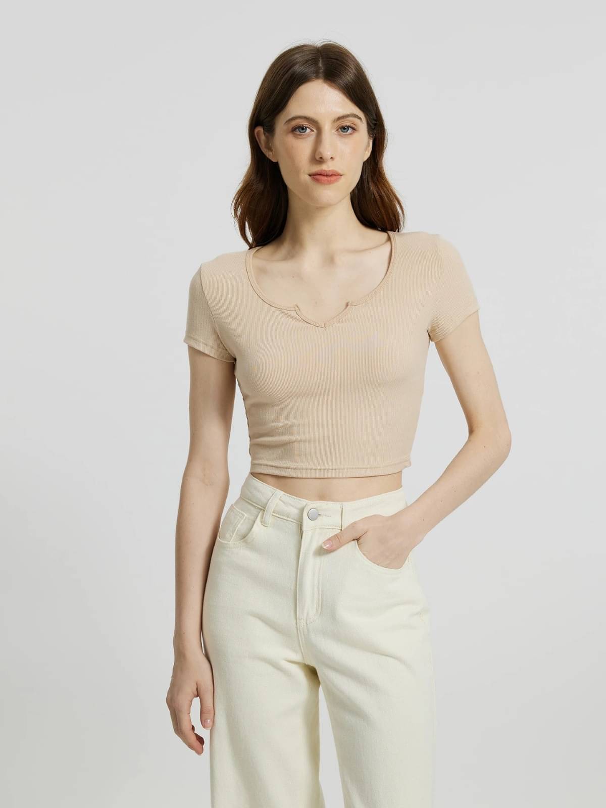     			Redamancii Women's Cotton Blend Crop Top ( Beige )