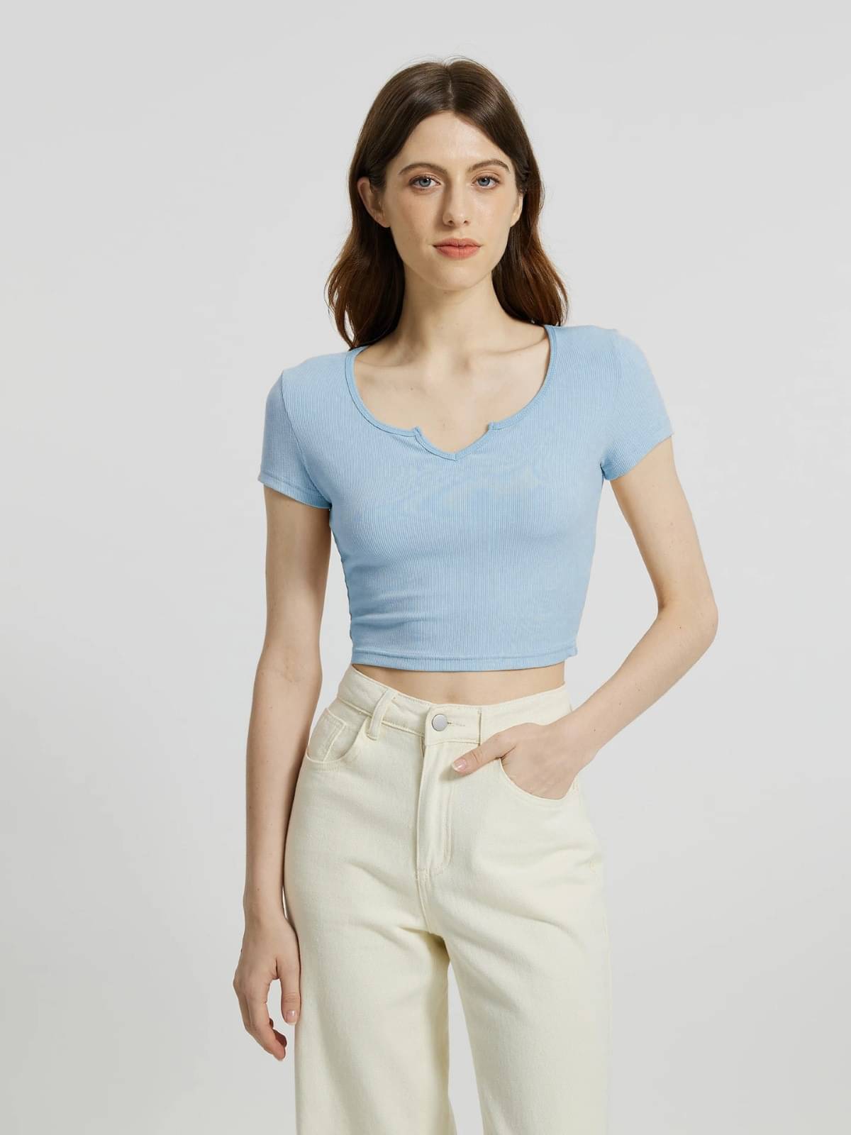     			Redamancii Women's Cotton Blend Crop Top ( Light Blue )