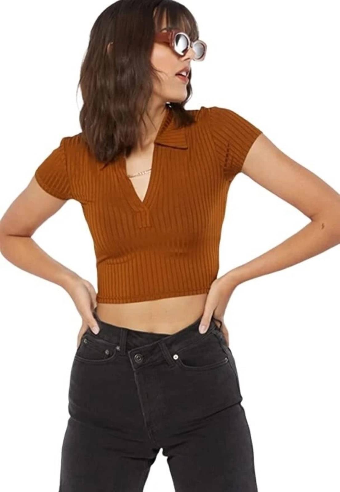     			Redamancii Women's Cotton Blend Crop Top ( Brown )