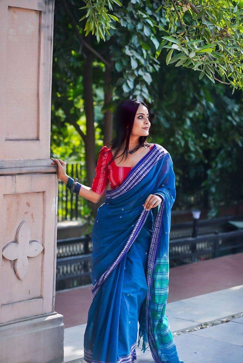     			SARADA HANDLOOM Cotton Woven Saree With Unstitched Blouse Piece ( Blue )
