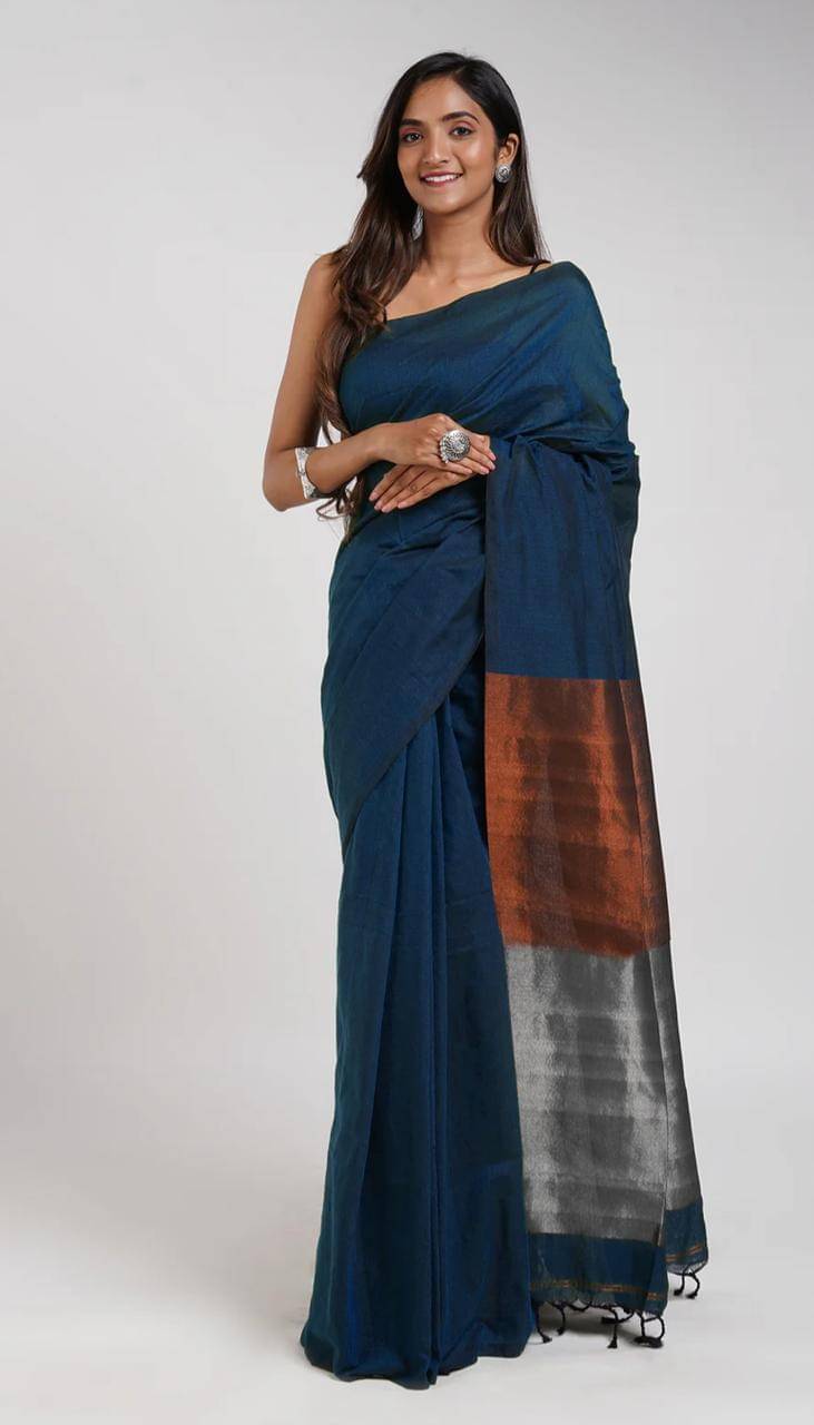     			SARADA HANDLOOM Cotton Woven Saree With Unstitched Blouse Piece ( Blue )