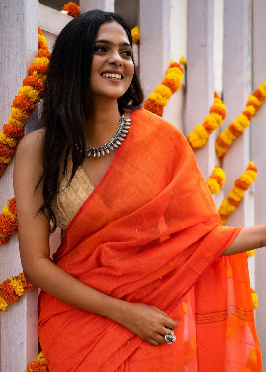     			SARADA HANDLOOM Cotton Woven Saree With Unstitched Blouse Piece ( Orange )