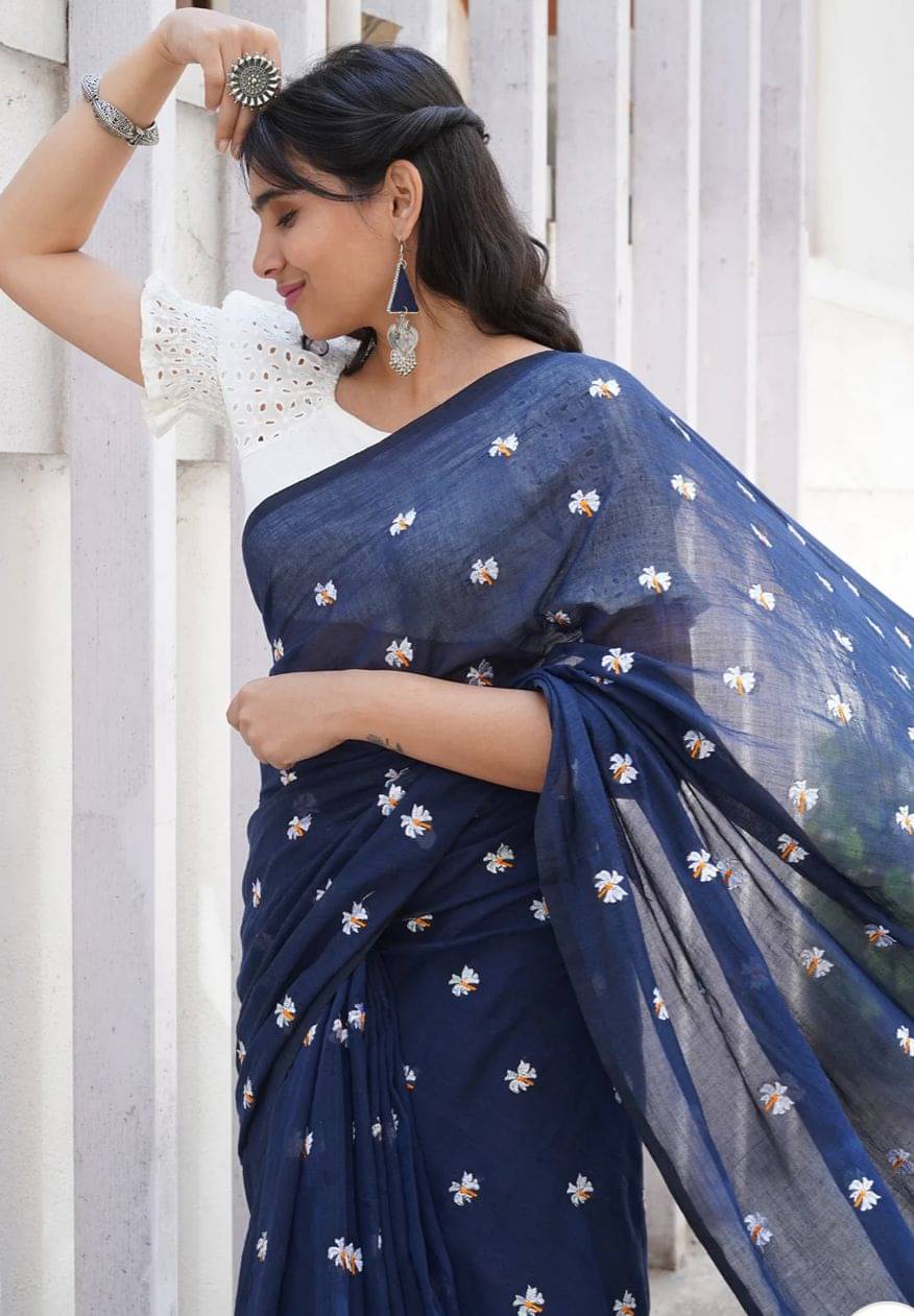     			SARADA HANDLOOM Cotton Woven Saree With Unstitched Blouse Piece ( Navy Blue )