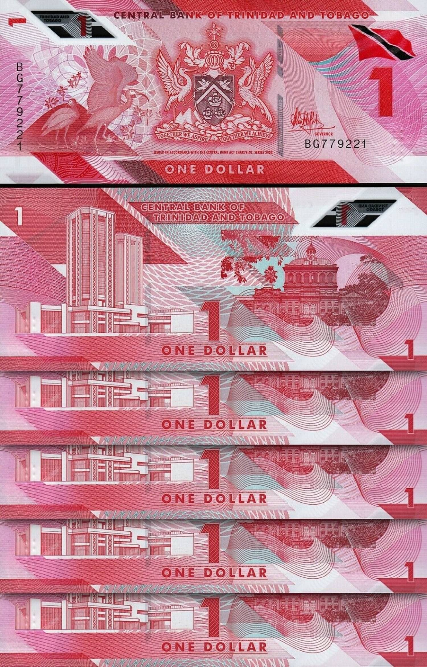 Trinidad & Tobago 1 Dollar Lot of 5 Banknotes in Top Grade Gem UNC     			Trinidad & Tobago 1 Dollar Lot of 5 Banknotes in Top Grade Gem UNC