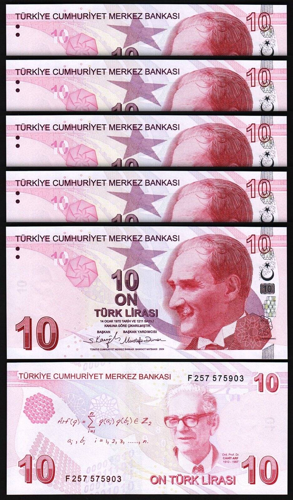 Turkey 10 Lira Consecutive Serial 5 Notes in Top Grade Gem UNC Turkey 10 Lira Consecutive Serial 5 Notes in Top Grade Gem UNC