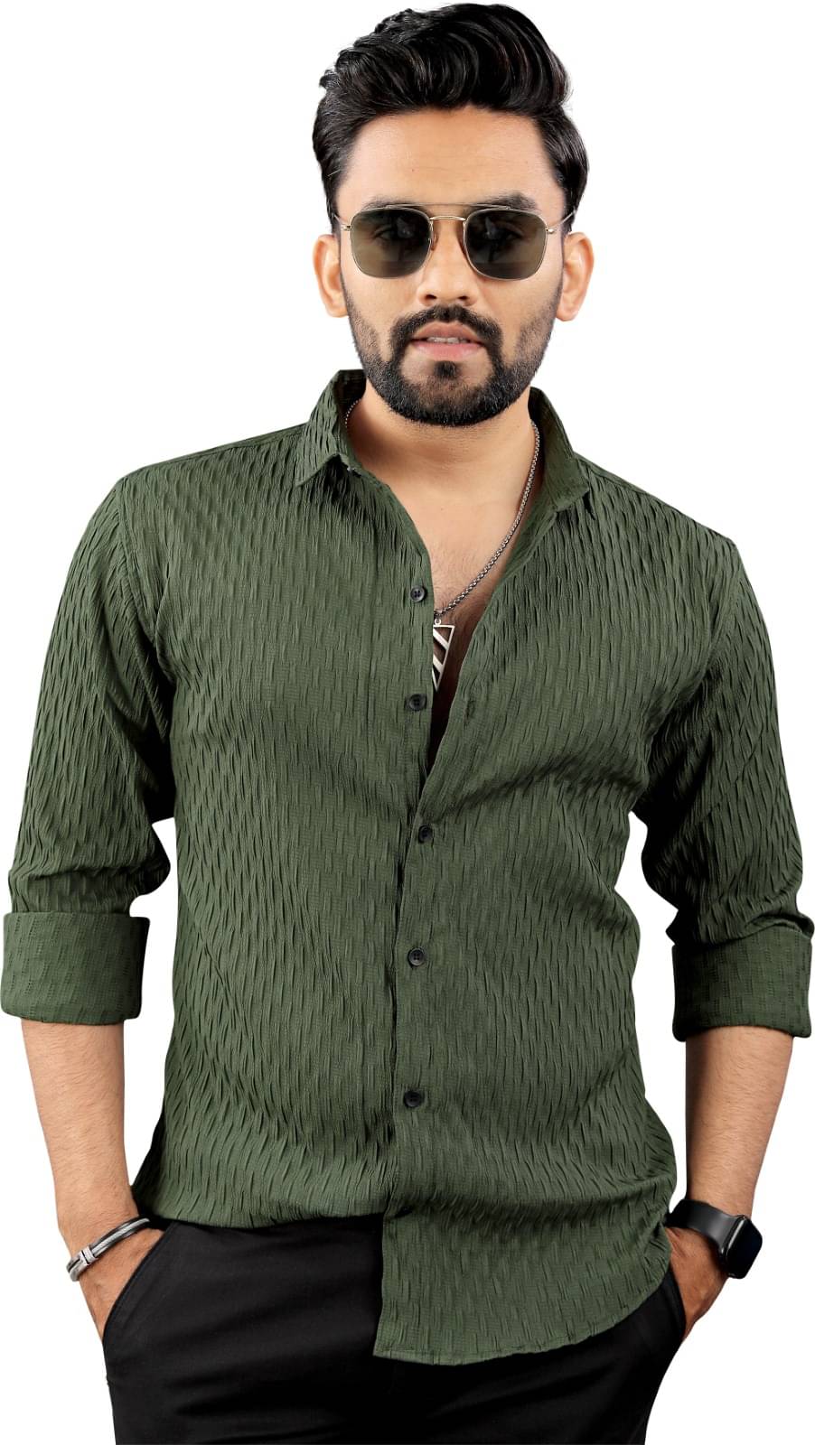     			VELLOSTA Polyester Regular Fit Self Design Full Sleeves Men's Casual Shirt - Dark Green ( Pack of 1 )