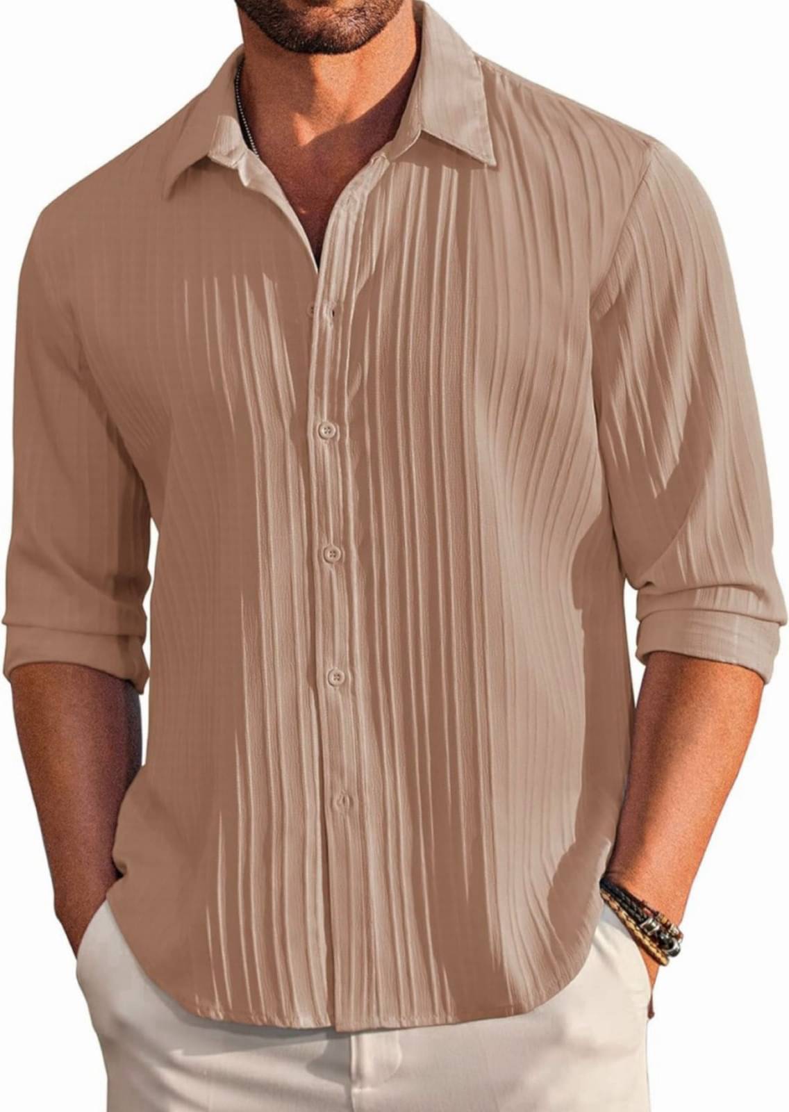     			VELLOSTA Polyester Regular Fit Self Design Full Sleeves Men's Casual Shirt - Beige ( Pack of 1 )