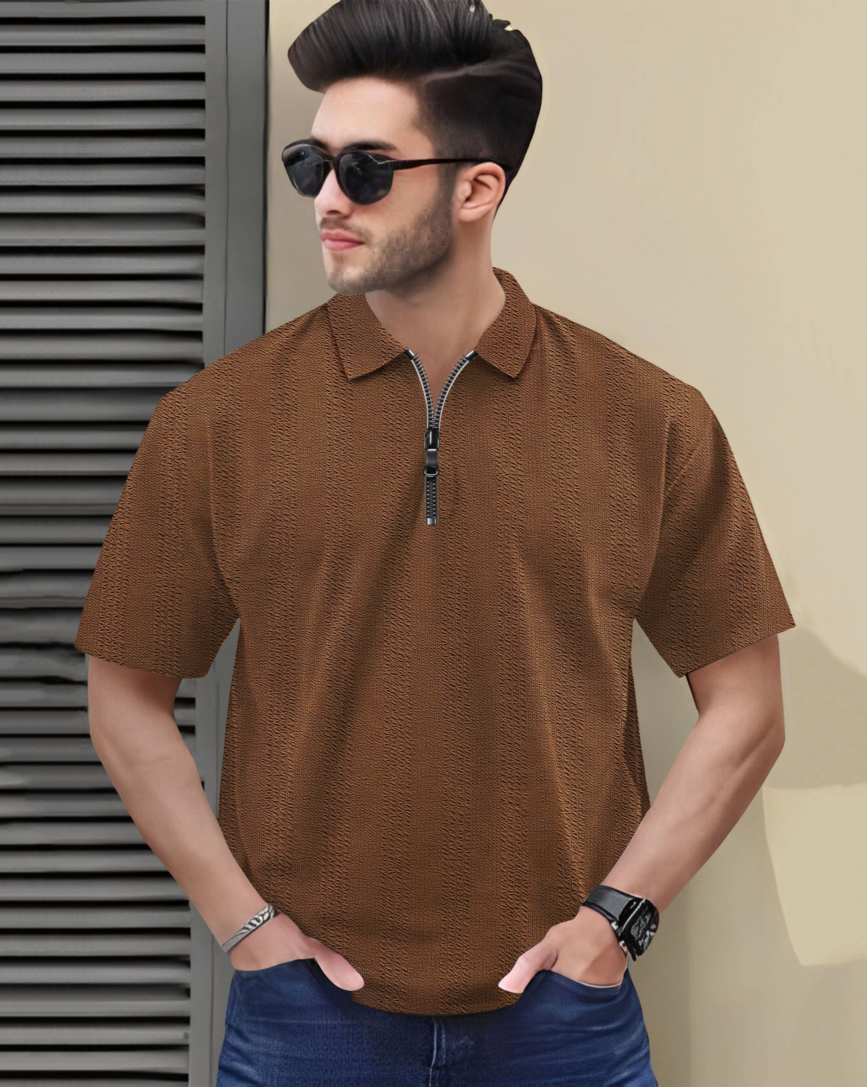AOOSH Men Cotton Blend Regular Fit Self Design Polo T Shirt ( Brown )     			AOOSH Men Cotton Blend Regular Fit Self Design Polo T Shirt ( Brown )